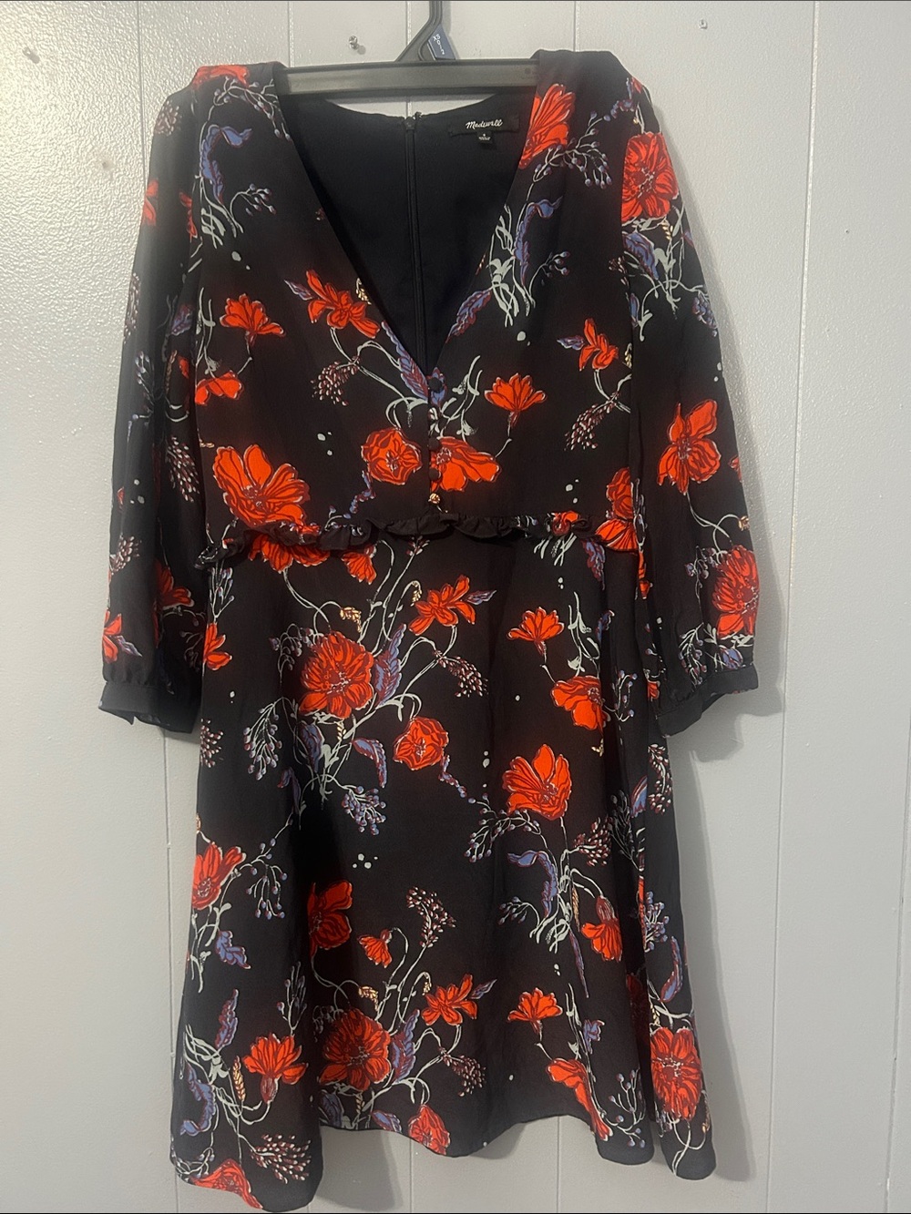 Madewell Black Midi Dress with Bright Red Floral Print